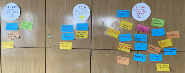 I Like I Wish I Wonder h&auml;ngen an einer braunen Schranwand darunter viele verschiedenfarbige Notizzettel mit handschrifltichen Notizen