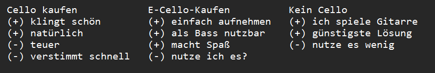 Gegenüberstellung der 3 Alternativen